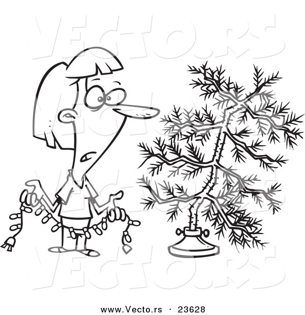 Vector of a Cartoon Woman Decorating a Sparse Xmas Tree - Coloring Page Outline