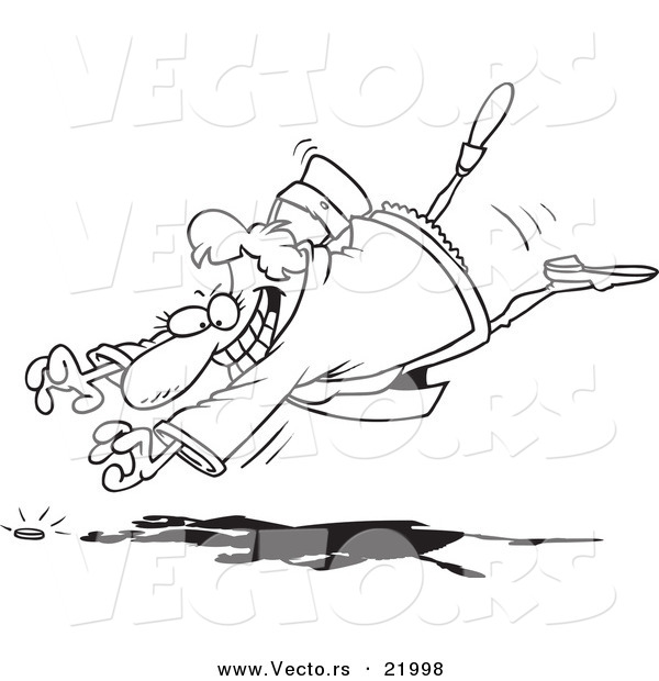 Vector of a Cartoon Woman Diving for a Coin - Outlined Coloring Page