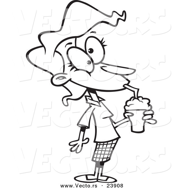 Vector of a Cartoon Woman Drinking a Milkshake - Coloring Page Outline