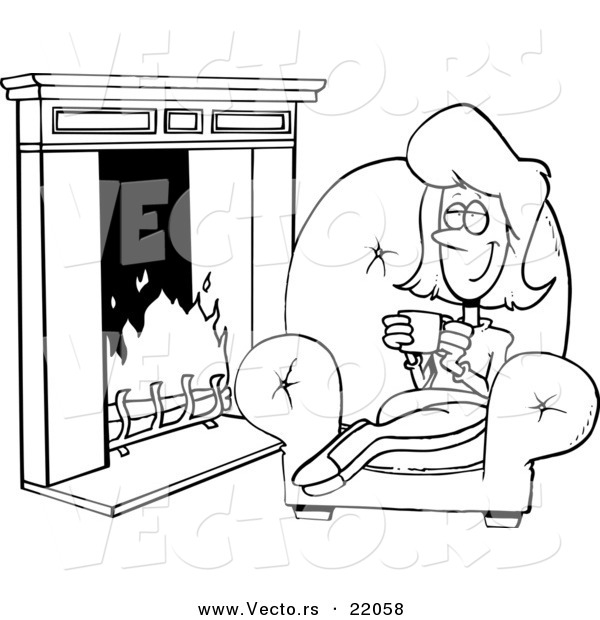Vector of a Cartoon Woman Drinking Coffee by a Fireplace - Outlined Coloring Page