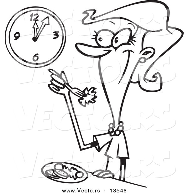 Vector of a Cartoon Woman Eating a Healthy Lunch - Outlined Coloring Page
