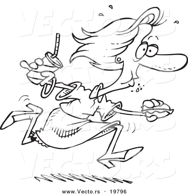 Vector of a Cartoon Woman Eating on the Run - Outlined Coloring Page
