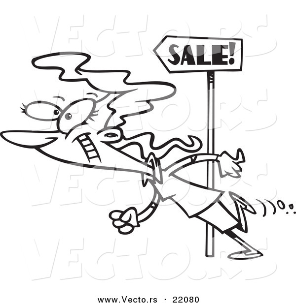 Vector of a Cartoon Woman Following Sale Signs - Outlined Coloring Page