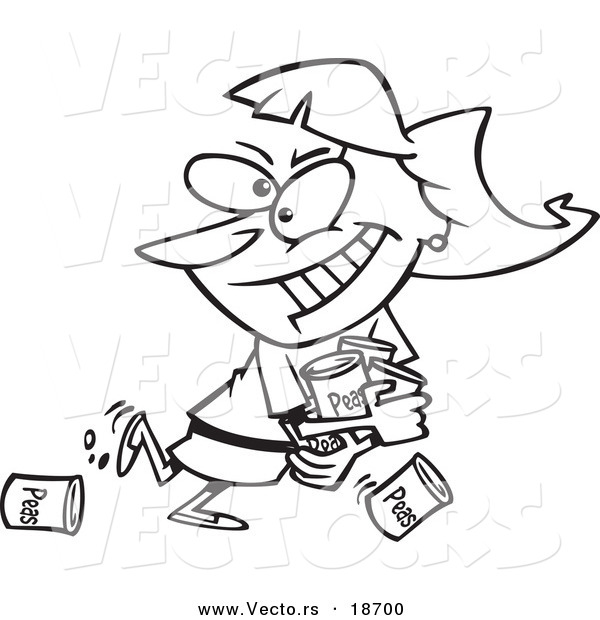 Vector of a Cartoon Woman Hoarding Canned Food - Outlined Coloring Page
