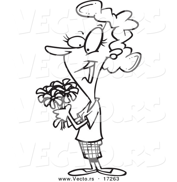 Vector of a Cartoon Woman Holding a Bouquet - Coloring Page Outline