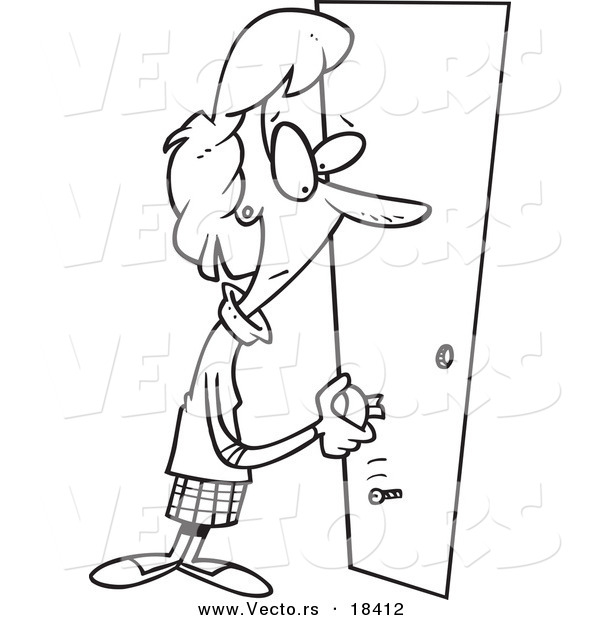 Vector of a Cartoon Woman Holding a Broken Door Handle - Outlined Coloring Page