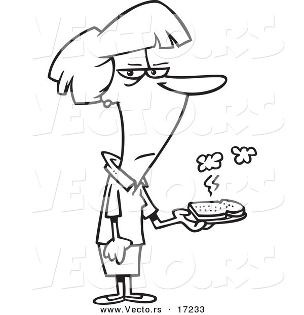 Vector of a Cartoon Woman Holding a Burnt Piece of Toast - Coloring Page Outline