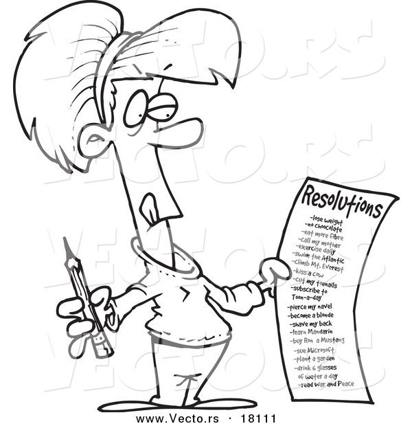 Vector of a Cartoon Woman Holding a Long New Year Resolutions List - Outlined Coloring Page