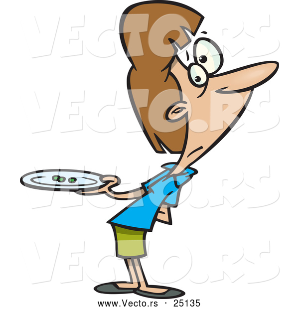 Vector of a Cartoon Woman Holding a Plate with Three Peas