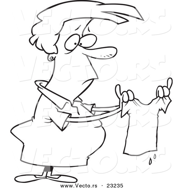 Vector of a Cartoon Woman Holding a Shrunk Shirt - Coloring Page Outline