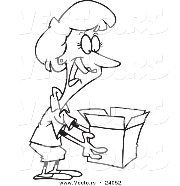 Vector of a Cartoon Woman Holding a Surprise in a Box - Coloring Page Outline