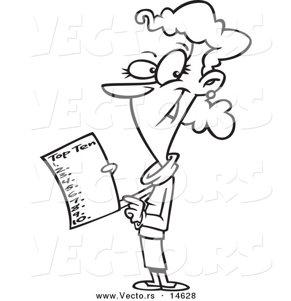 Vector of a Cartoon Woman Holding a Top Ten List - Coloring Page Outline