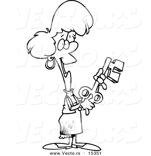 Vector of a Cartoon Woman Holding an Opportunity Key - Coloring Page Outline