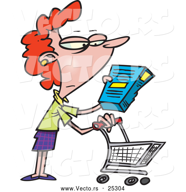 Vector of a Cartoon Woman in a Grocery Store Reading Fine Print on Box of Food