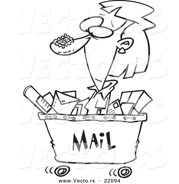 Vector of a Cartoon Woman in a Mail Cart - Outlined Coloring Page