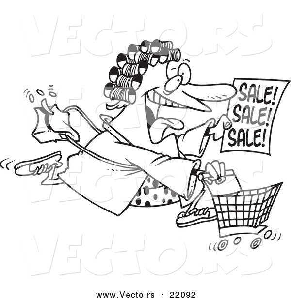 Vector of a Cartoon Woman in Her Robe and Curlers, Running to a Sale - Outlined Coloring Page