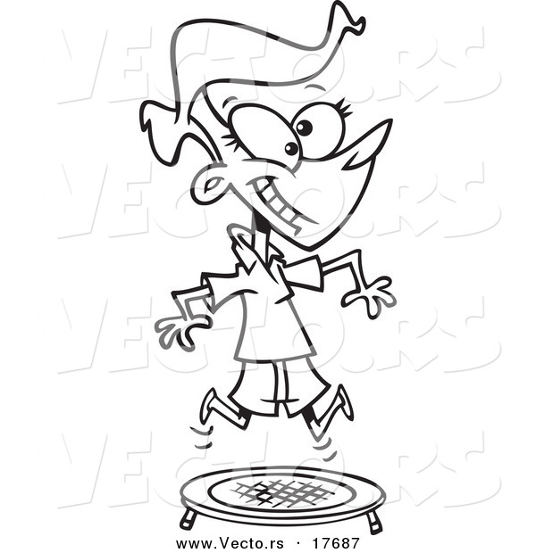 Vector of a Cartoon Woman Jumping on a Trampoline - Coloring Page Outline