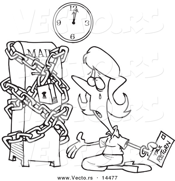 Vector of a Cartoon Woman Kneeling and Crying with Her Tax Return at a Locked up Mail Box - Coloring Page Outline