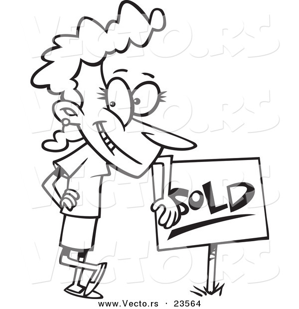 Vector of a Cartoon Woman Leaning on a Sold Sign - Coloring Page Outline