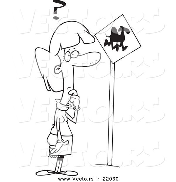 Vector of a Cartoon Woman Looking at a Camel Crossing Sign - Outlined Coloring Page