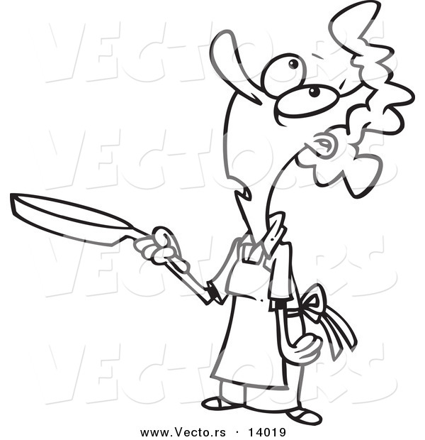 Vector of a Cartoon Woman Looking up and Holding a Pan - Coloring Page Outline