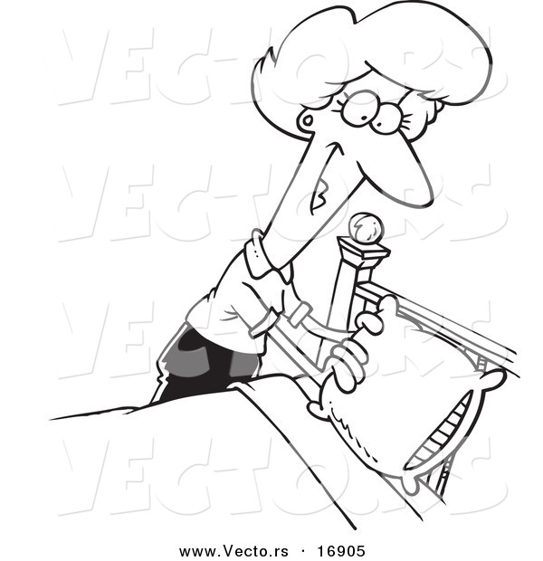 Vector of a Cartoon Woman Making a Bed - Coloring Page Outline