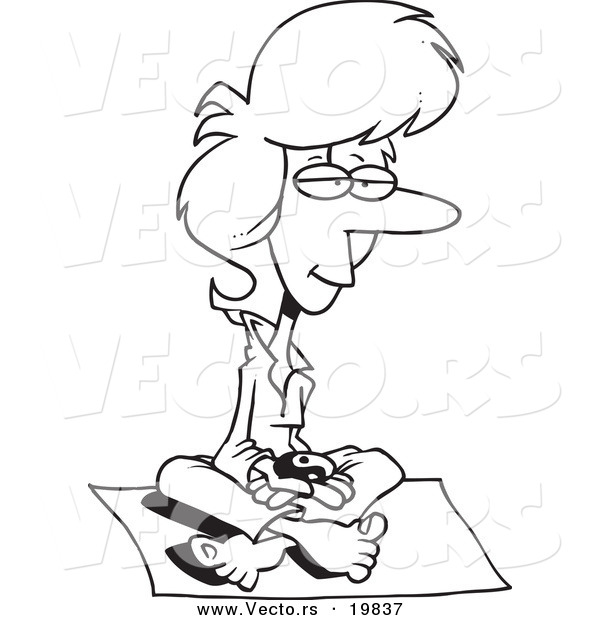 Vector of a Cartoon Woman Meditating with a Yin Yang - Outlined Coloring Page