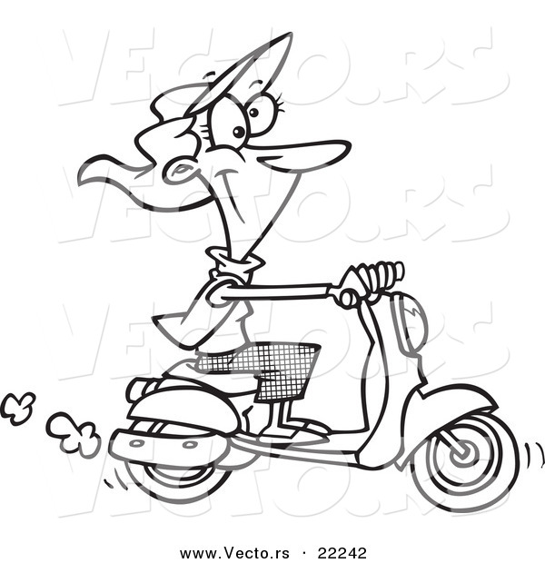 Vector of a Cartoon Woman on a Scooter - Outlined Coloring Page