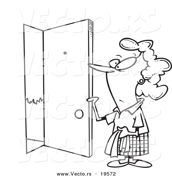 Vector of a Cartoon Woman Opening a Door - Outlined Coloring Page