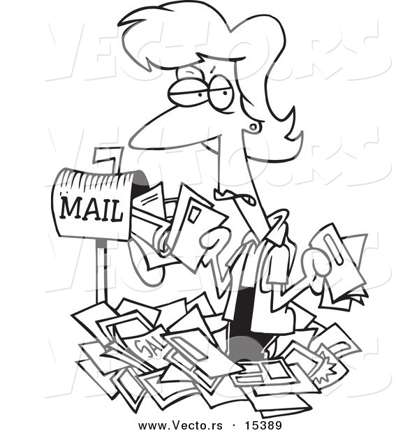 Vector of a Cartoon Woman Overwhelmed with Junk Mail - Coloring Page Outline