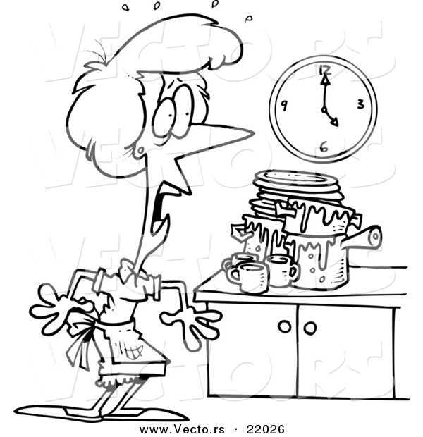 Vector of a Cartoon Woman Panicking in a Messy Kitchen - Outlined Coloring Page