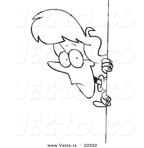 Vector of a Cartoon Woman Peeking Around a Corner - Outlined Coloring Page