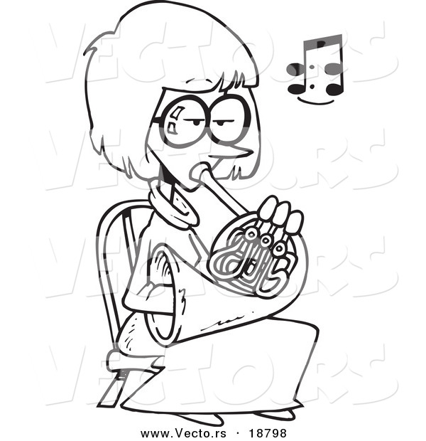 Vector of a Cartoon Woman Playing a French Horn - Outlined Coloring Page