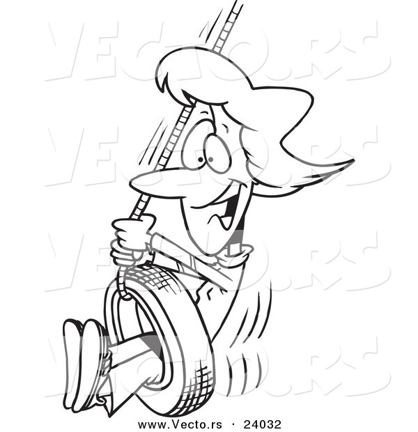 Vector of a Cartoon Woman Playing on a Tire Swing - Coloring Page Outline
