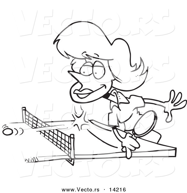 Vector of a Cartoon Woman Playing Table Tennis - Coloring Page Outline