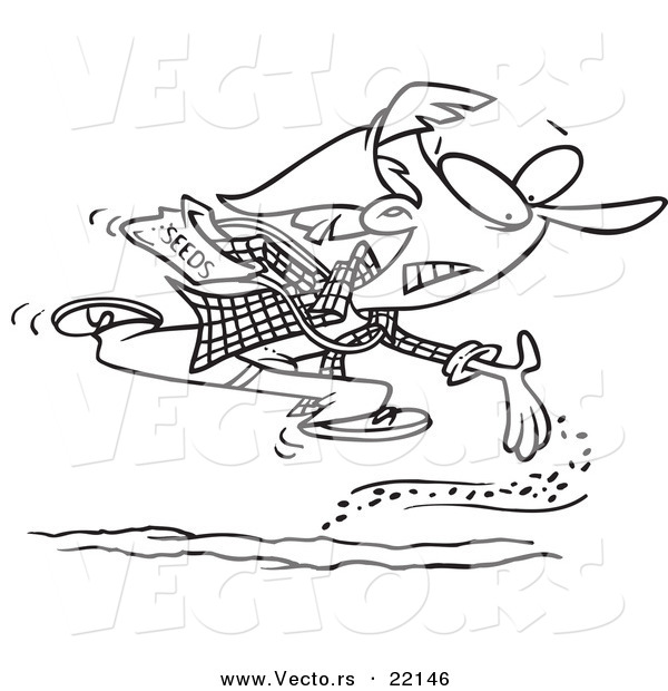 Vector of a Cartoon Woman Power Seeding Her Garden - Outlined Coloring Page