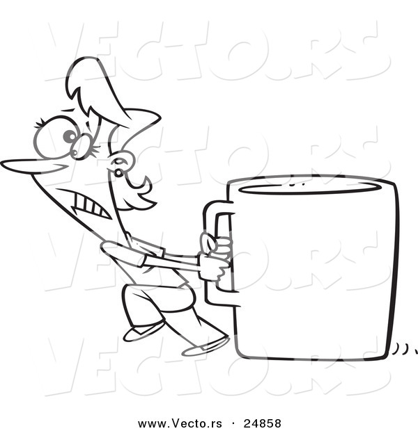 Vector of a Cartoon Woman Pulling a Huge Coffee Cup - Outlined Coloring Page