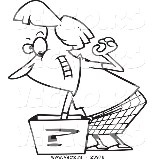 Vector of a Cartoon Woman Reaching in a Surprise Box - Coloring Page Outline