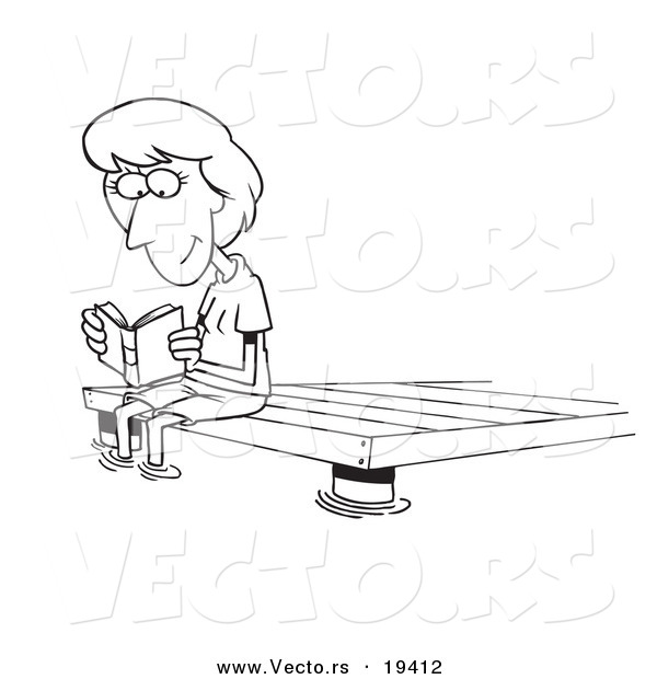 Vector of a Cartoon Woman Reading a Book on a Dock - Outlined Coloring Page