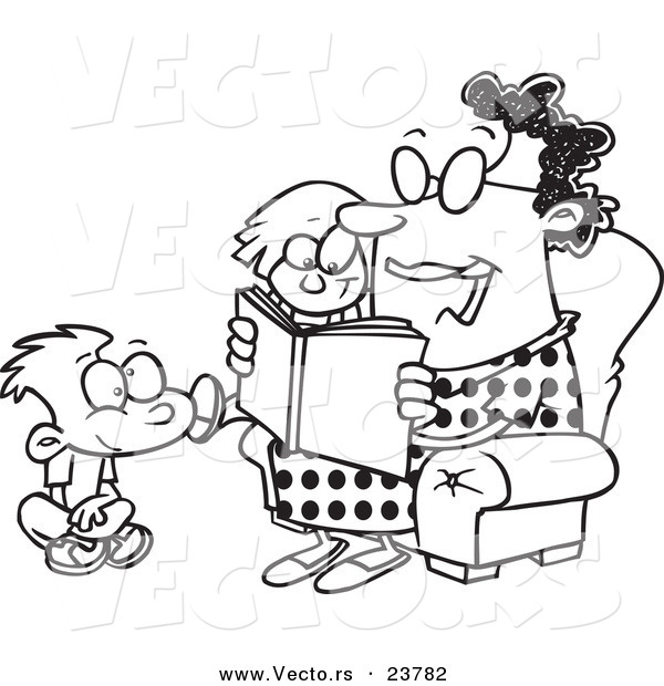 Vector of a Cartoon Woman Reading a Book to a Boy and Girl at Story Time - Coloring Page Outline