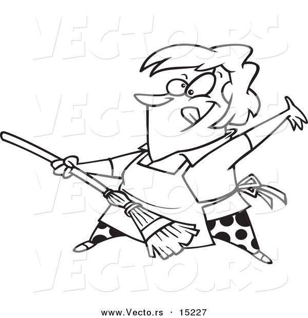Vector of a Cartoon Woman Rocking out with a Broom - Coloring Page Outline