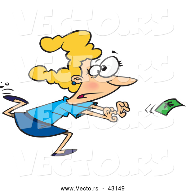 Vector of a Cartoon Woman Running After Money in the Wind