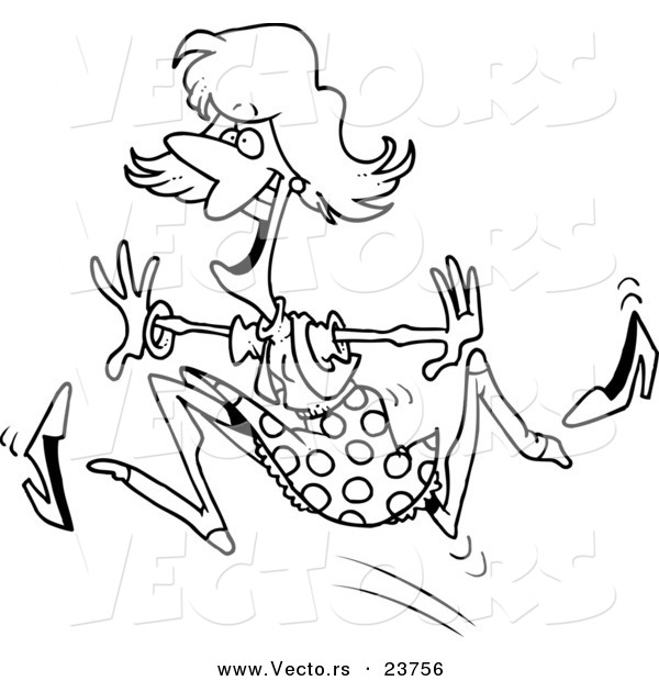 Vector of a Cartoon Woman Running and Losing Her Shoes - Coloring Page Outline