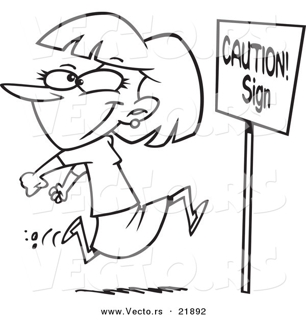 Vector of a Cartoon Woman Running past a Caution Sign - Outlined Coloring Page