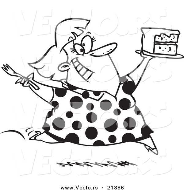 Vector of a Cartoon Woman Running with Birthday Cake - Outlined Coloring Page