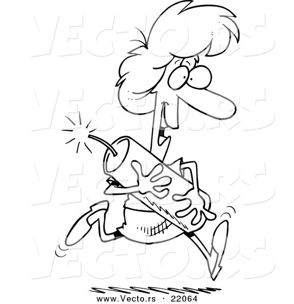 Vector of a Cartoon Woman Running with Dynamite - Outlined Coloring Page