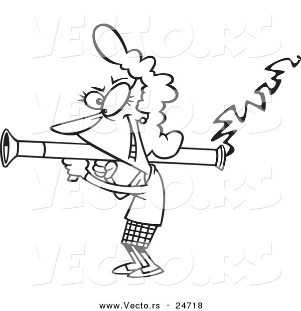 Vector of a Cartoon Woman Scorned Shooting a Bazooka - Outlined Coloring Page
