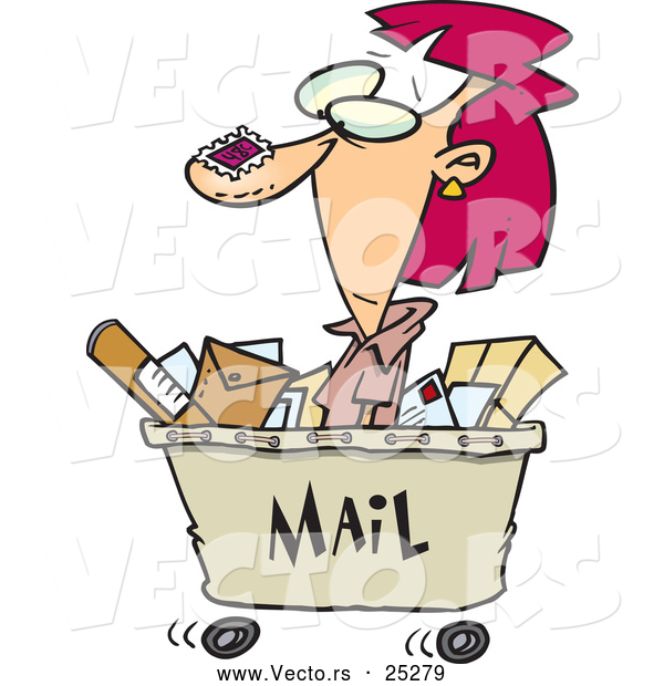 Vector of a Cartoon Woman Shipping out with Lots of Mail in a Cart