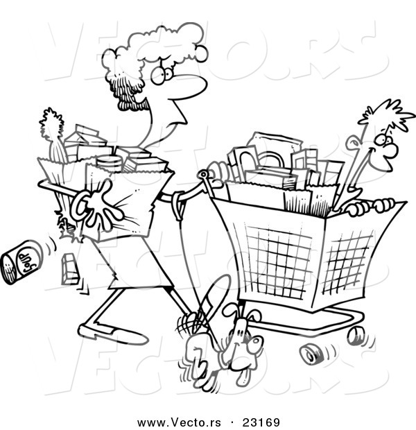 Vector of a Cartoon Woman Shopping with Her Son - Coloring Page Outline