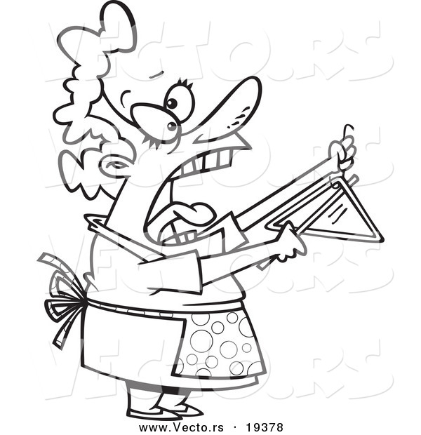 Vector of a Cartoon Woman Shouting and Ringing a Dinner Bell - Outlined Coloring Page